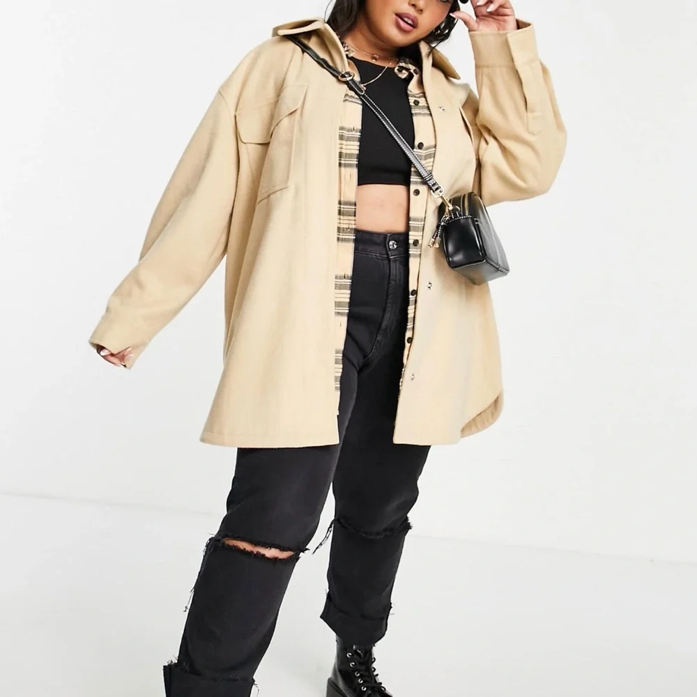 ASOS Design Curve Beige Oversized Hooded Shacket Jacket - Women's Neutral Coat